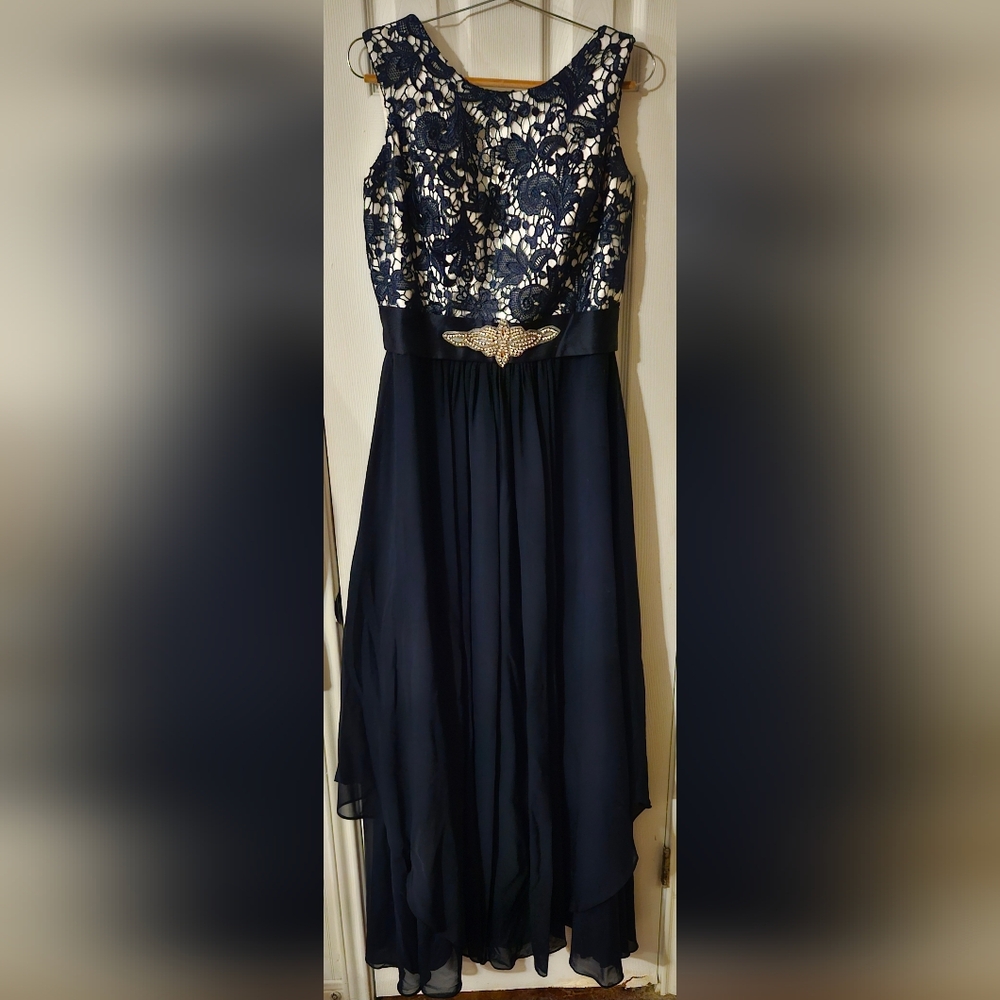 GRACE LEE Women's Long Evening Gown Lace Round Neck Prom Dress (Navy Blue)- L - Picture 3 of 7